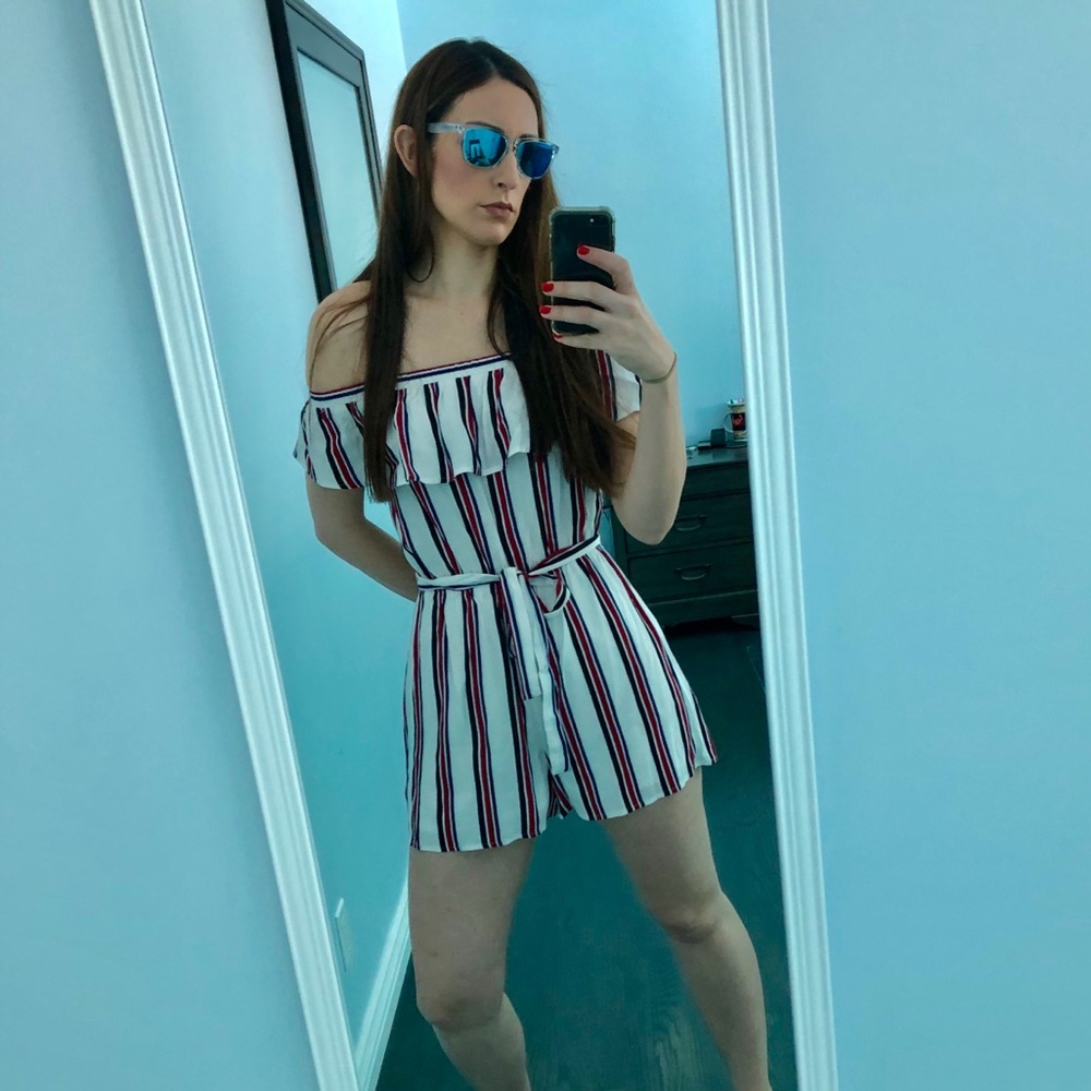 Express Striped Off The Shoulder Ruffle Romper - Picture 5 of 5